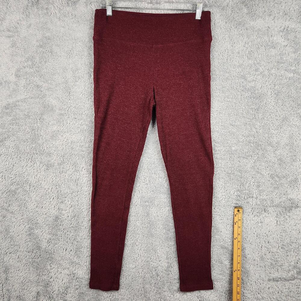 Pink Rose Leggings Womens Large Red High Rise Ribbed Knit Stretch Ankle Pants